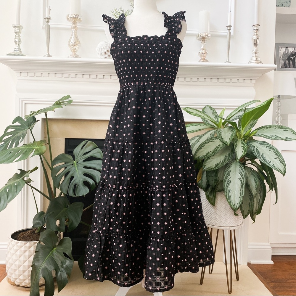 Crown and Ivy Black and Pink Smocked Bodice Tiered Skirt Dress Ruffles Medium